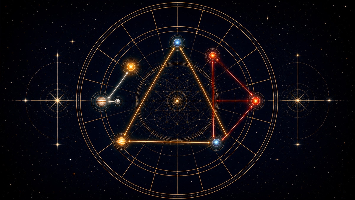 Aspekte im Horoskop: Geometrische Verbindungslinien zwischen Planeten zeigen harmonische und Spannungsaspekte