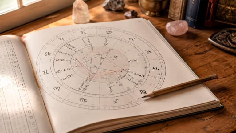 Geburtshoroskop aufgeschlagen auf einem Holztisch – Aszendent und seine Bedeutung im Horoskop