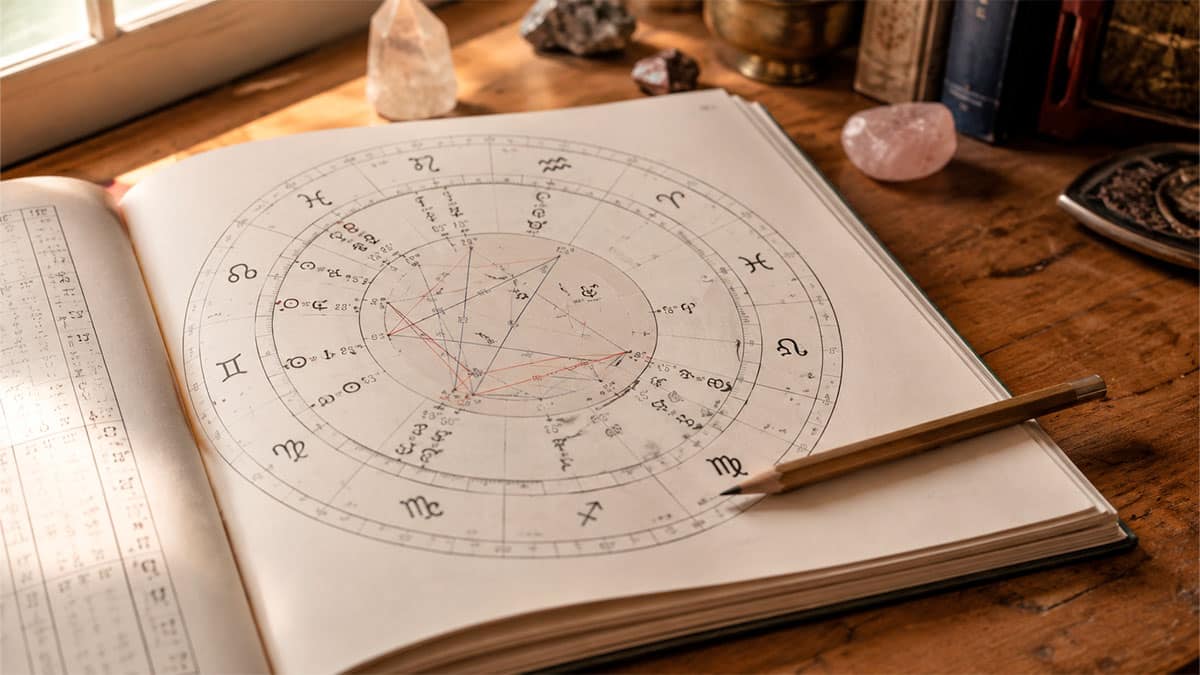 Geburtshoroskop aufgeschlagen auf einem Holztisch – Aszendent und seine Bedeutung im Horoskop