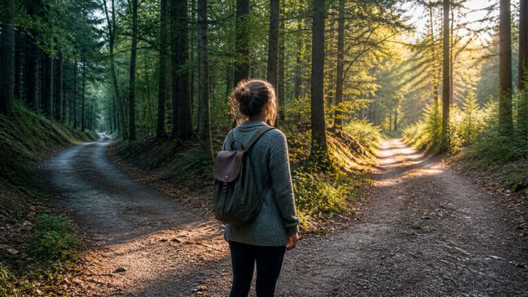 Person an einer Weggabelung im Wald – Entscheidungen treffen mit Bauchgefühl und Horoskop