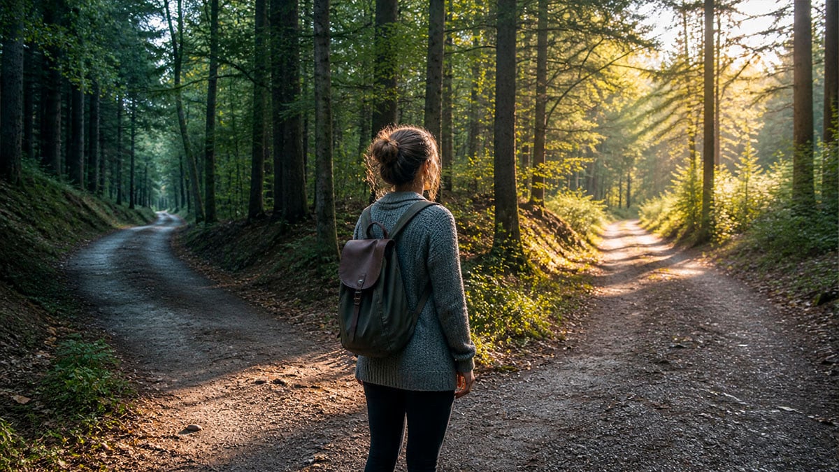 Person an einer Weggabelung im Wald – Entscheidungen treffen mit Bauchgefühl und Horoskop