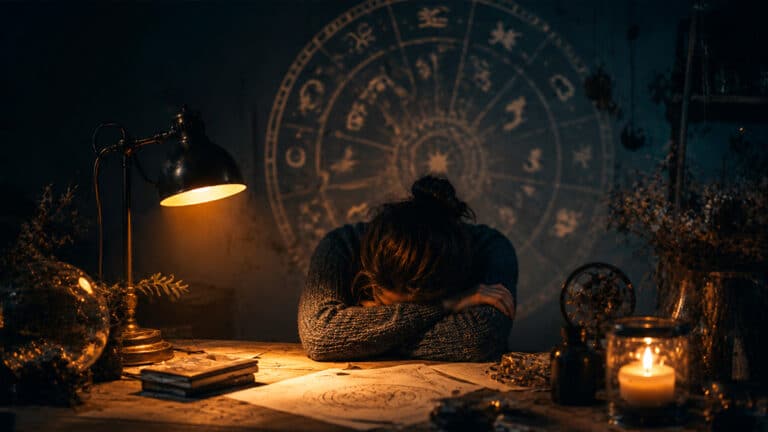 Erschöpfte Person am Schreibtisch mit astrologischen Symbolen im Hintergrund als Symbol für Burnout und Astrologie