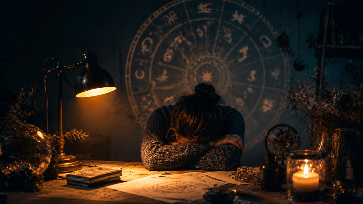 Erschöpfte Person am Schreibtisch mit astrologischen Symbolen im Hintergrund als Symbol für Burnout und Astrologie