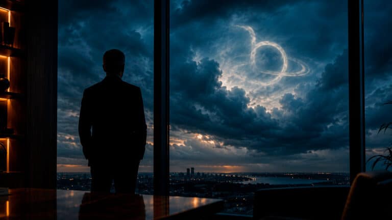 Person am Bürofenster blickt nachdenklich in einen dramatischen Himmel als Symbol für Führungskonflikte im Beruf