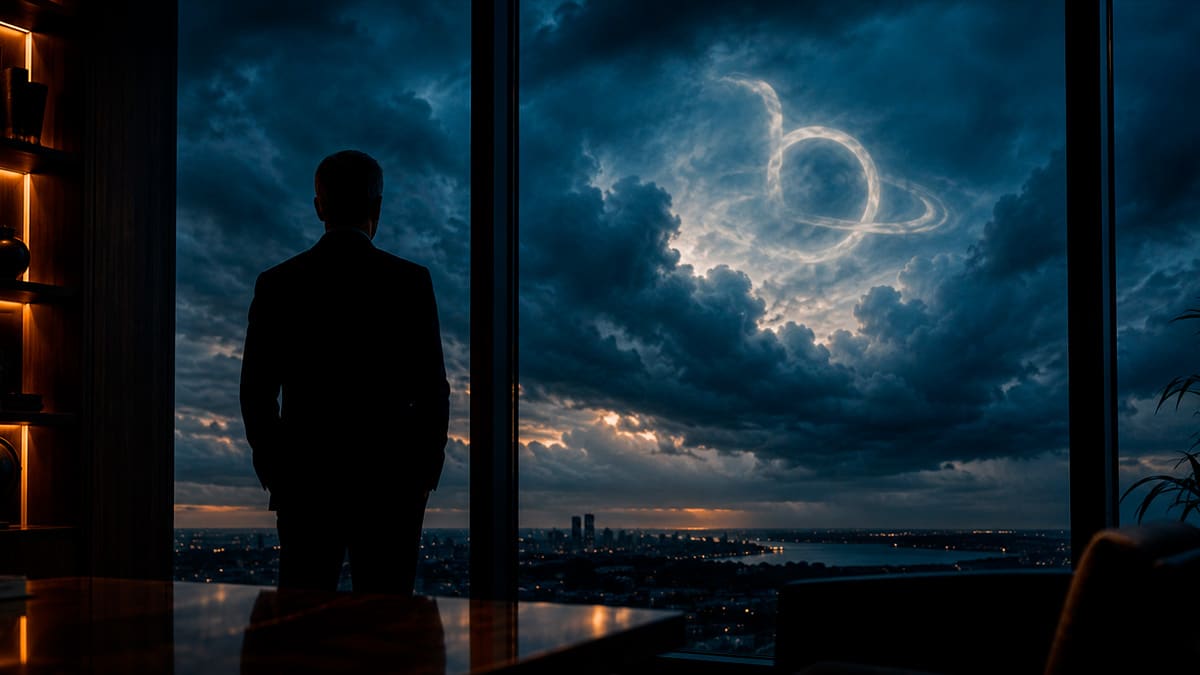 Person am Bürofenster blickt nachdenklich in einen dramatischen Himmel als Symbol für Führungskonflikte im Beruf