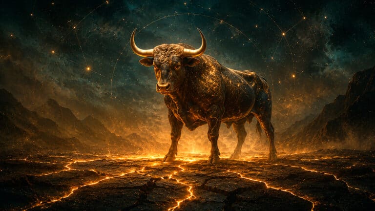 Goldene Stier-Silhouette auf aufbrechender Erde als Symbol für Chirons Heilungstransit