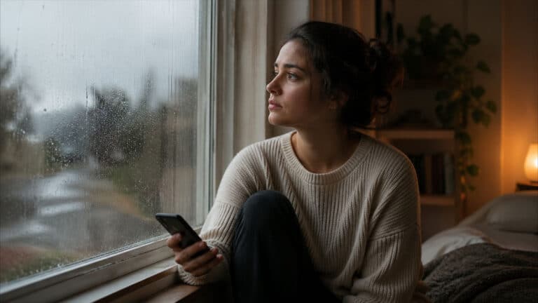 Frau sitzt nachdenklich am Fenster und hält ihr Handy in der Hand