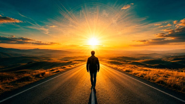 Person auf einem Weg in Richtung Sonnenaufgang als Symbol für den astrologischen Weg in die finanzielle Unabhängigkeit