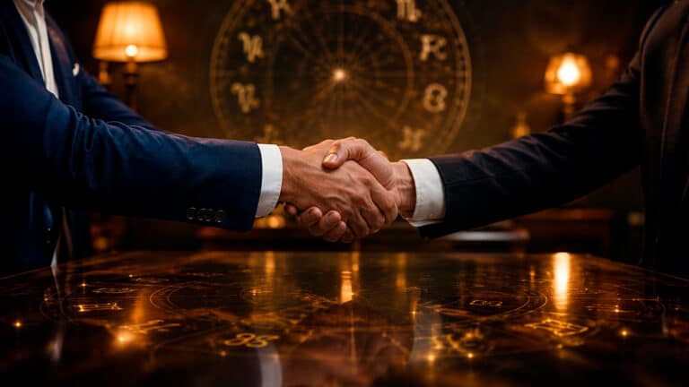 Professioneller Handschlag über einem Schreibtisch mit dezenten astrologischen Symbolen als Symbol für das richtige Timing bei der Gehaltsverhandlung