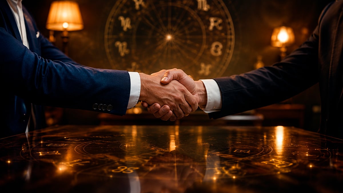 Professioneller Handschlag über einem Schreibtisch mit dezenten astrologischen Symbolen als Symbol für das richtige Timing bei der Gehaltsverhandlung