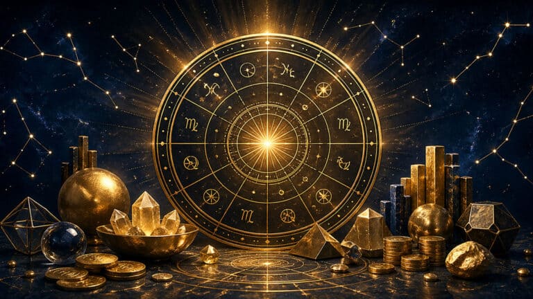 Goldenes Horoskop-Rad mit Münzen und Kristallen zum Thema Venus und 2. Haus.