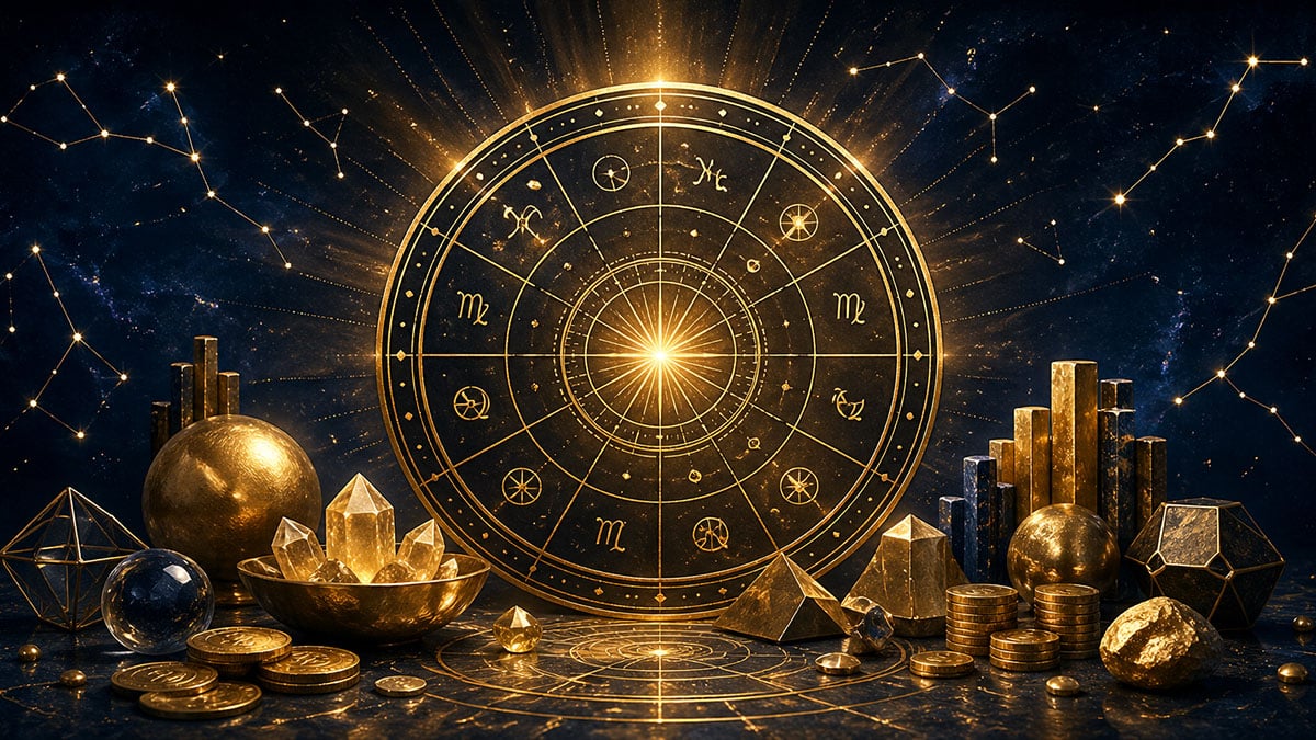 Goldenes Horoskop-Rad mit Münzen und Kristallen zum Thema Venus und 2. Haus.