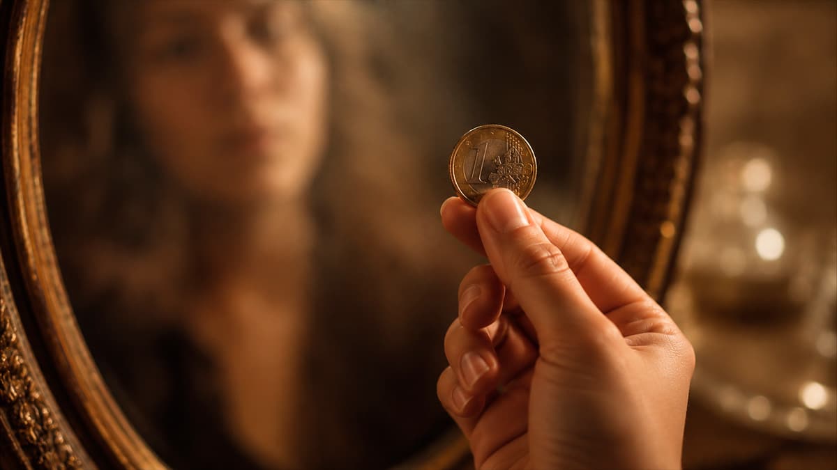 Geld und Selbstwert in der Astrologie: Eine Hand hält eine Münze vor einem Spiegel als Symbol für innere Wertvorstellungen