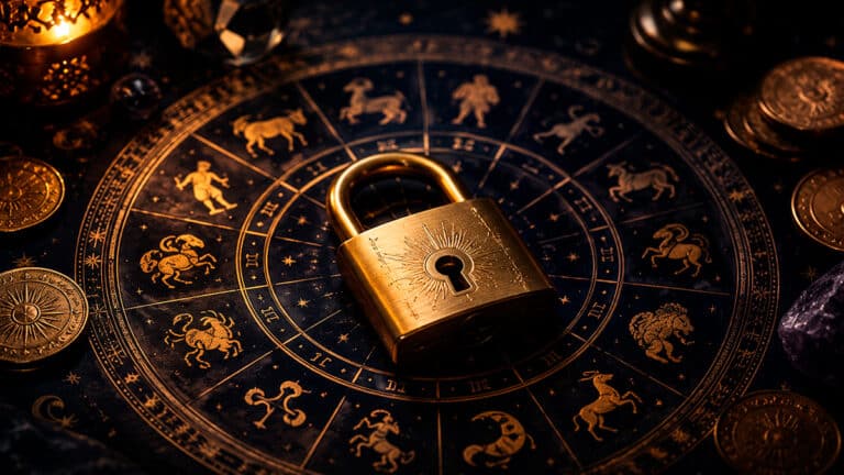 Goldenes Schloss auf astrologischer Karte als Symbol für Geldblockaden im Horoskop