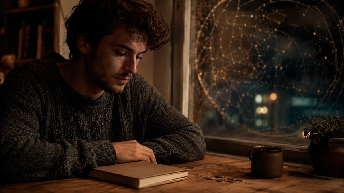 Person am Tisch mit nachdenklichem Blick, Notizbuch und Münzen, Horoskop als Reflexion im Hintergrund