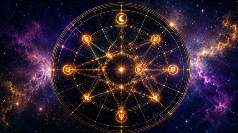 Astrologisches Horoskop mit leuchtenden Verbindungslinien zwischen den Häusern als Symbol für Häuserherrscher