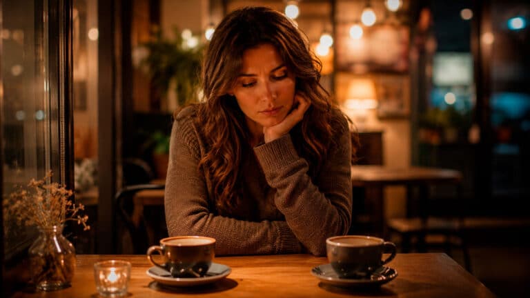 Frau sitzt nachdenklich an einem Cafétisch – Liebesentscheidung zwischen Herz und Verstand