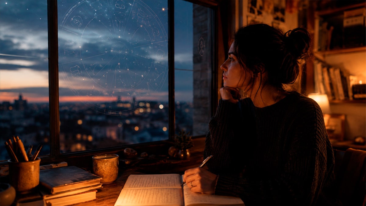 Person am Fenster mit Notizbuch und Sternenreflexion im Glas als Symbol für astrologisches Timing bei Finanzentscheidungen