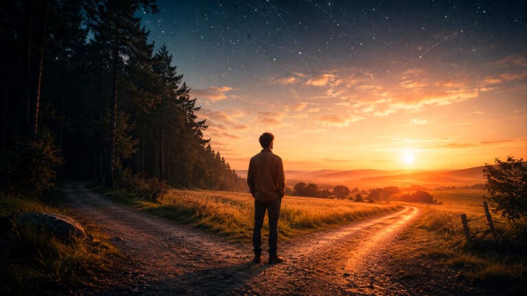 Person an einer Weggabelung bei Sonnenuntergang als Symbol für die Entscheidung zwischen Kündigung und Bleiben im Horoskop