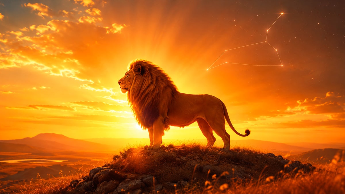 Goldene Löwen-Silhouette im Sonnenlicht als Symbol für die Löwe-Saison 2026
