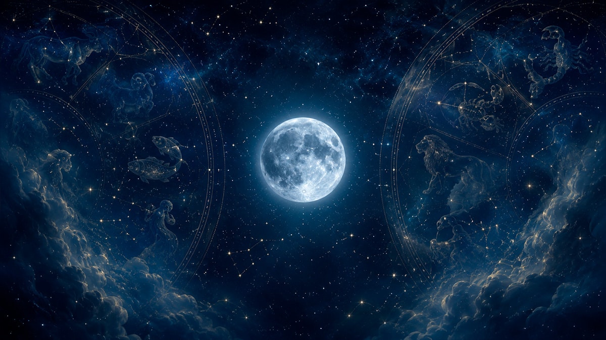Der Mond zieht ruhig durch einen Sternenhimmel und symbolisiert die Leerlaufphase Mond ohne Lauf