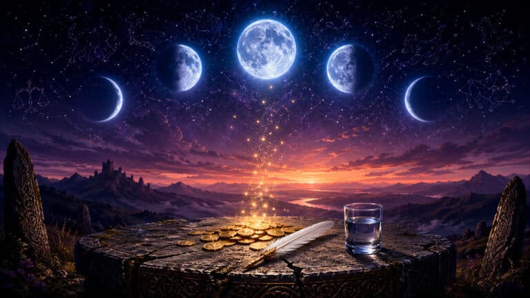 Mondphasen über goldenen Münzen als Symbol für Finanzentscheidungen im Mondzyklus