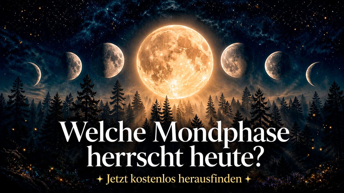 Darstellung der verschiedenen Mondphasen von der Sichel bis zum Vollmond in einem bogenförmigen Verlauf vor dunklem Nachthimmel