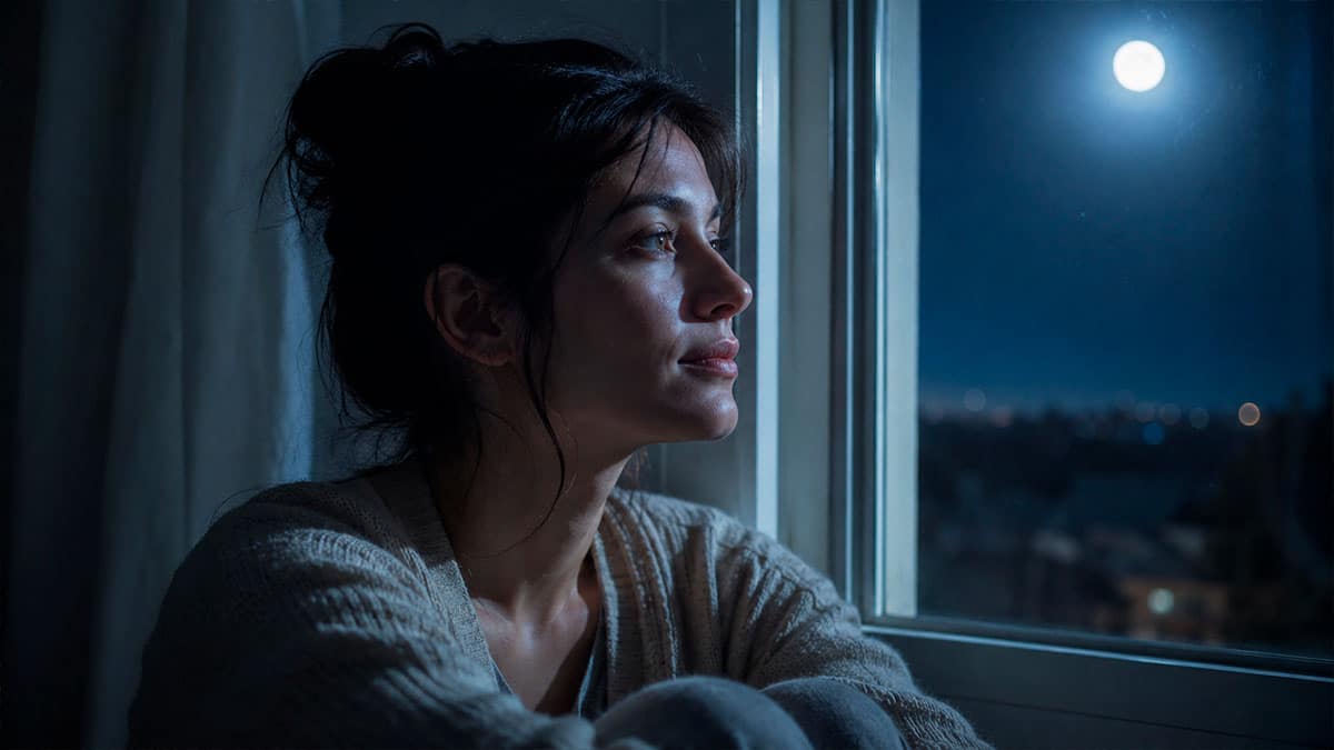 Person sitzt nachdenklich am Fenster im Mondlicht – Mondzeichen und seine Bedeutung im Horoskop
