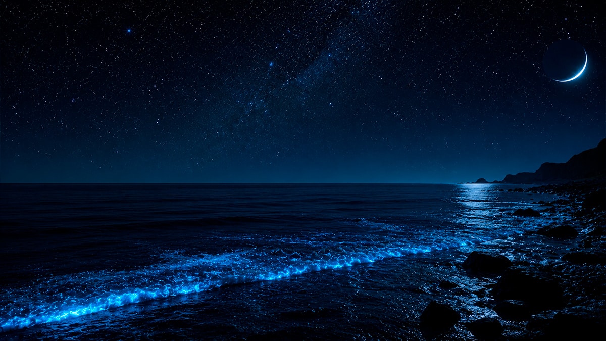 Dunkles Meer unter sternklarem Nachthimmel als Symbol für den Neumond im Krebs und emotionale Heilung