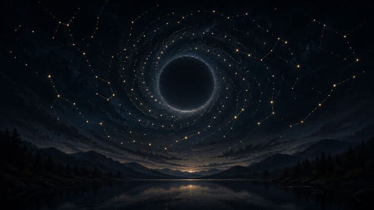 Spiralförmige Sternbilder um eine dunkle Neumond-Sonne über einer Berglandschaft – Symbol für Neuanfang.