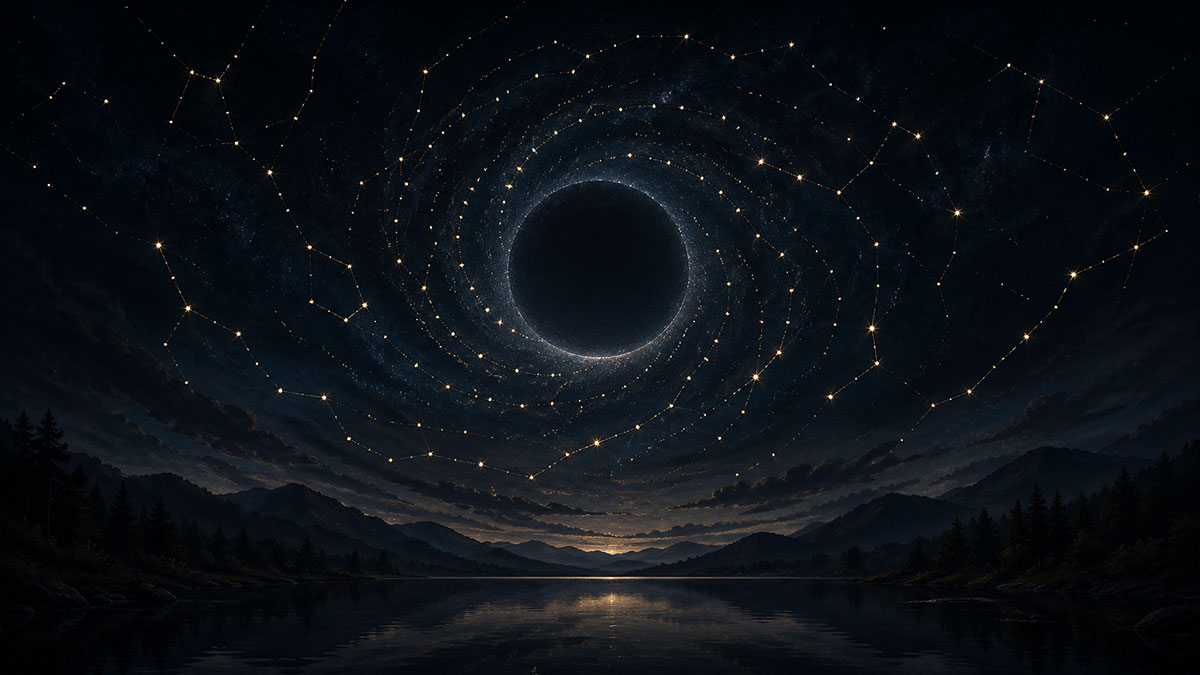 Spiralförmige Sternbilder um eine dunkle Neumond-Sonne über einer Berglandschaft – Symbol für Neuanfang.