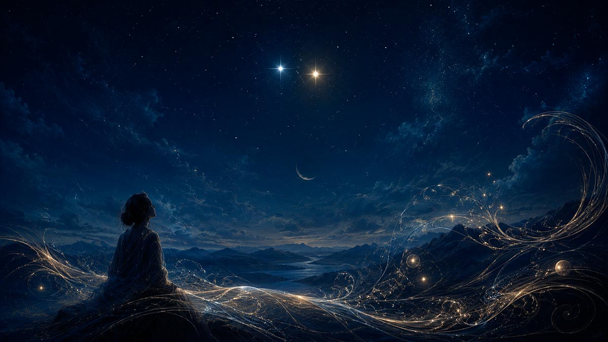 Neumond im Zwilling 2026: Sternenhimmel mit Zwillingssternen und feiner Mondsichel als Symbol für Kommunikation und Neuanfang