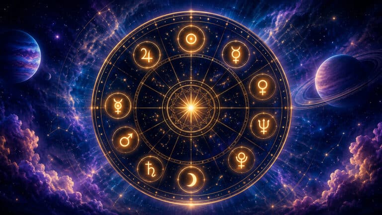 Symbolische Darstellung der zehn Planeten im astrologischen Geburtshoroskop