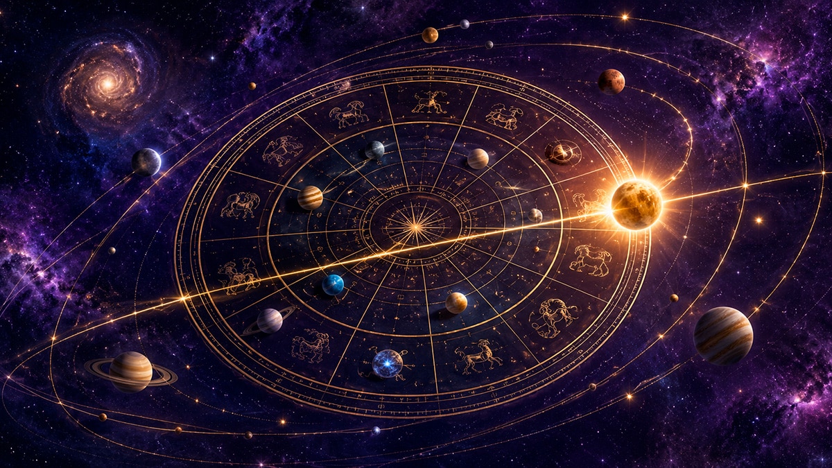 Astrologisches Geburtshoroskop mit einem Transitplaneten, der einen Punkt im Radix überquert