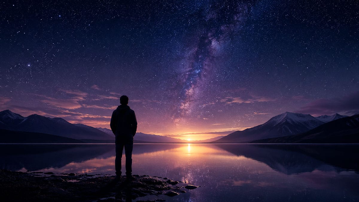 Einsame Gestalt blickt am Seeufer in einen Sternenhimmel – Symbol für Abschied und Neuanfang