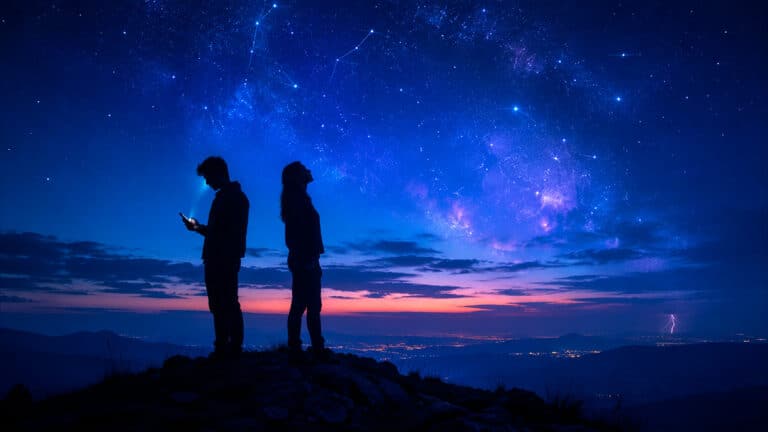 Zwei Silhouetten unter einem Sternenhimmel als Symbol für den Uranus-Transit in den Zwillingen 2026