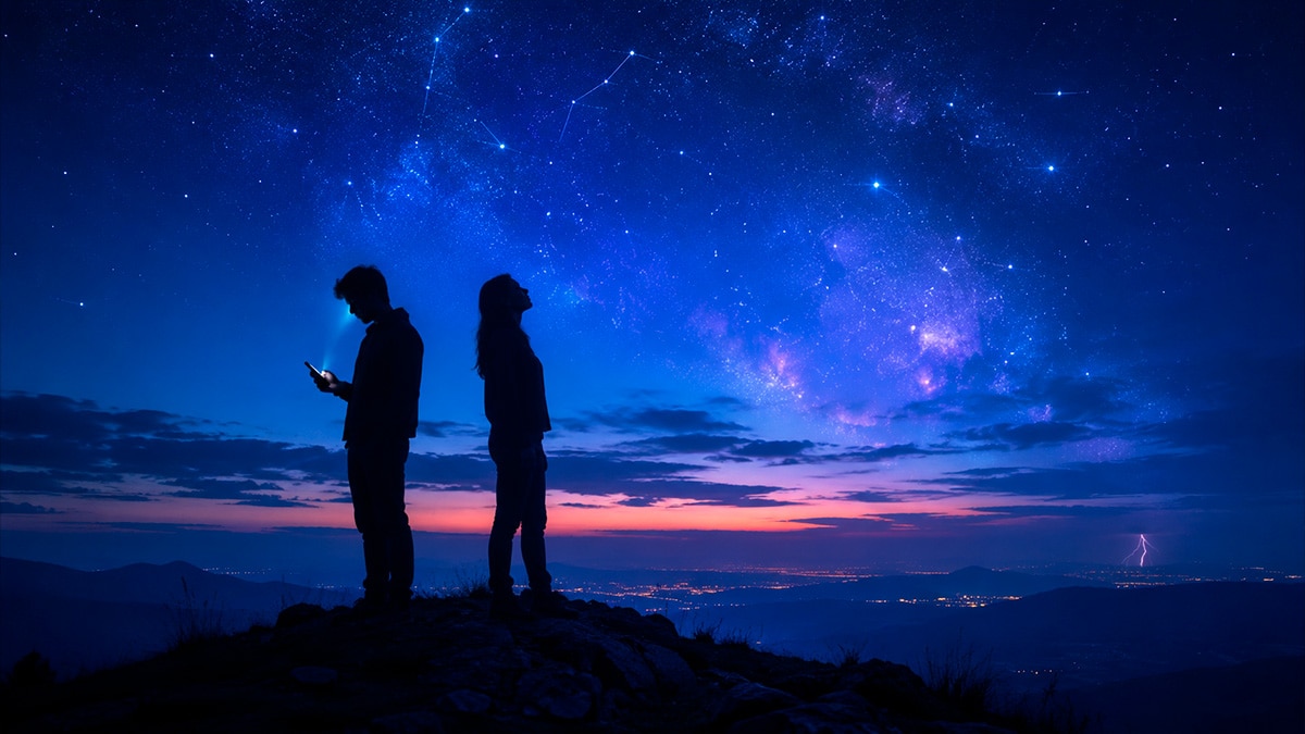 Zwei Silhouetten unter einem Sternenhimmel als Symbol für den Uranus-Transit in den Zwillingen 2026