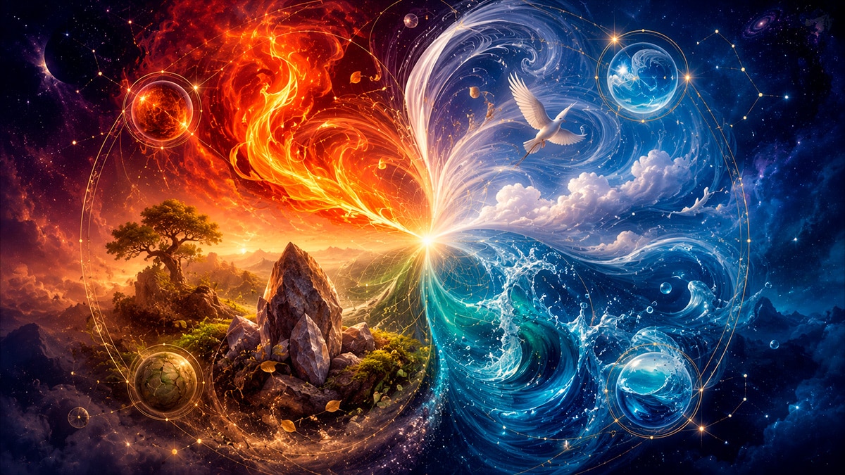 Symbolische Darstellung der vier astrologischen Elemente Feuer, Erde, Luft und Wasser vor einem Sternenhimmel
