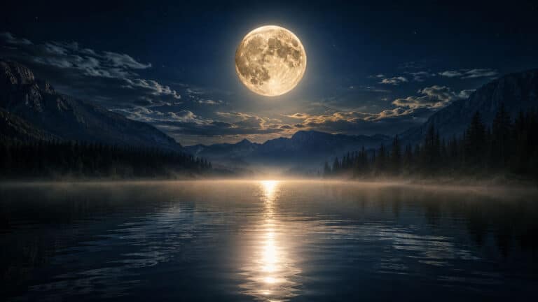 Großer Vollmond über einem stillen See bei Nacht, Symbol für Klärung und Loslassen