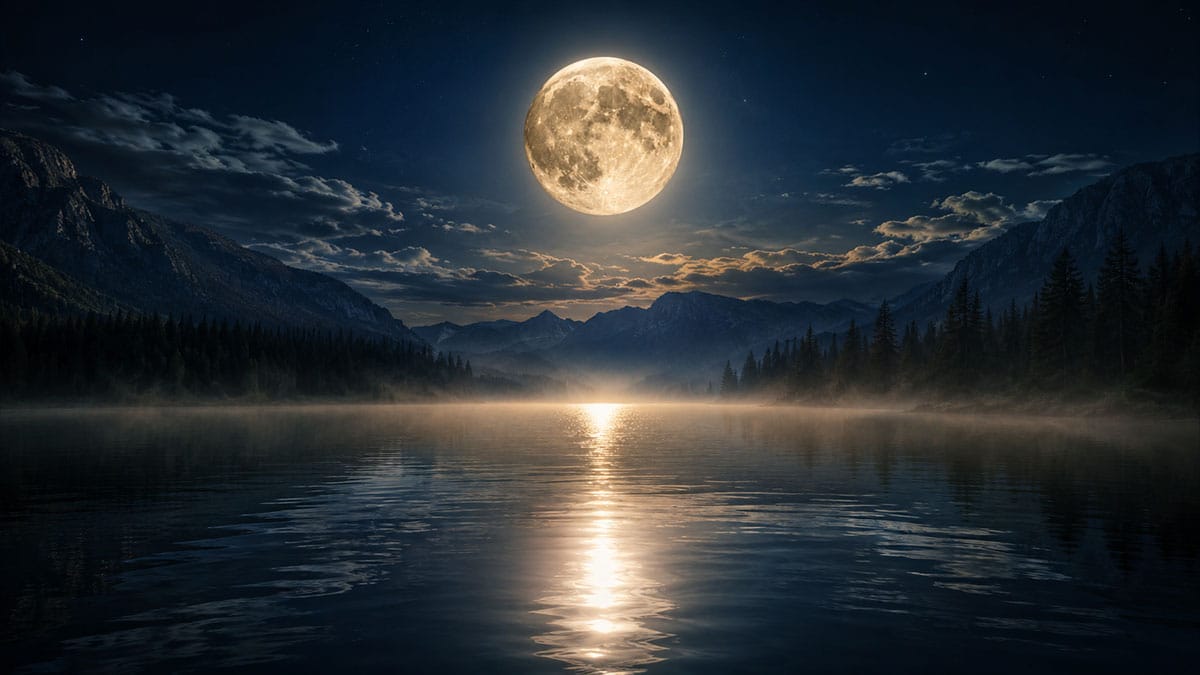 Großer Vollmond über einem stillen See bei Nacht, Symbol für Klärung und Loslassen