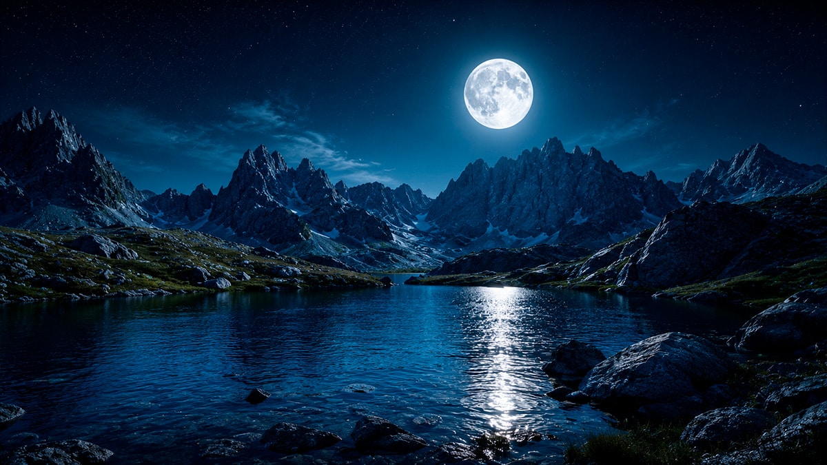 Vollmond über Berglandschaft als Symbol für den Vollmond im Steinbock am 30. Juni 2026