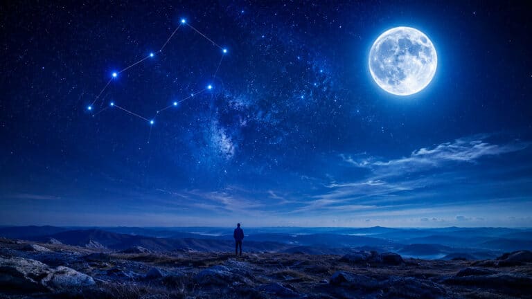 Silbrig leuchtender Vollmond über weiter Landschaft als Symbol für den Wassermann-Vollmond im Juli 2026